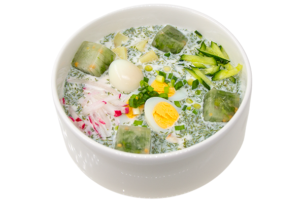 Окрошка с огуречным льдом и копченой курицей